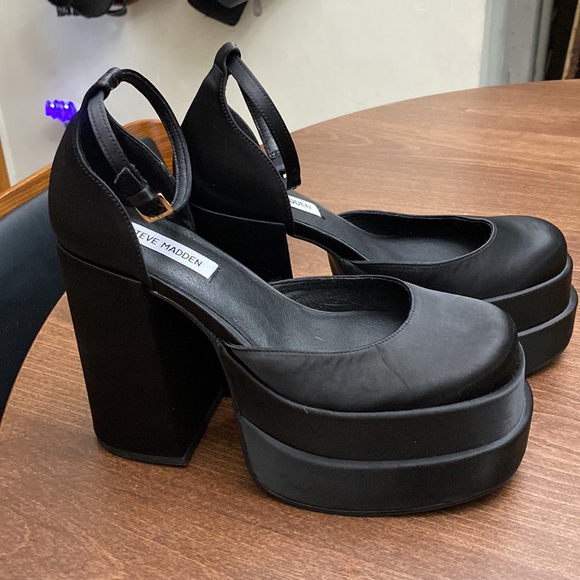 Steve Madden Charlize Satin Platform Heels with Ankle Strap in Black - Picture 5 of 11
